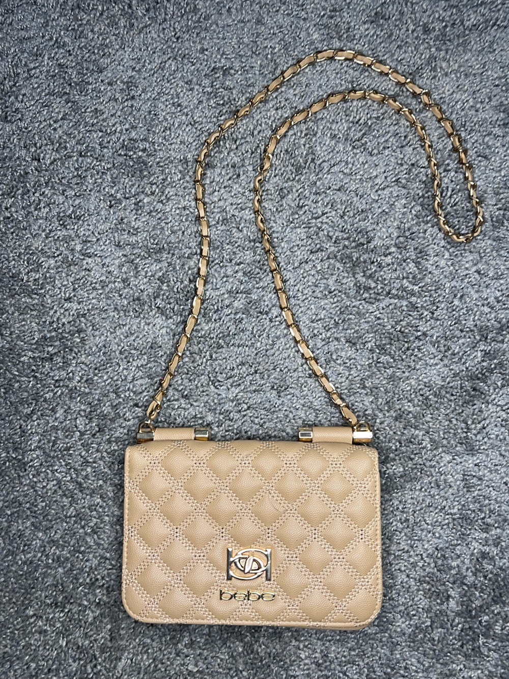 bebe Beige Quilted Crossbody with Gold Chain Strap